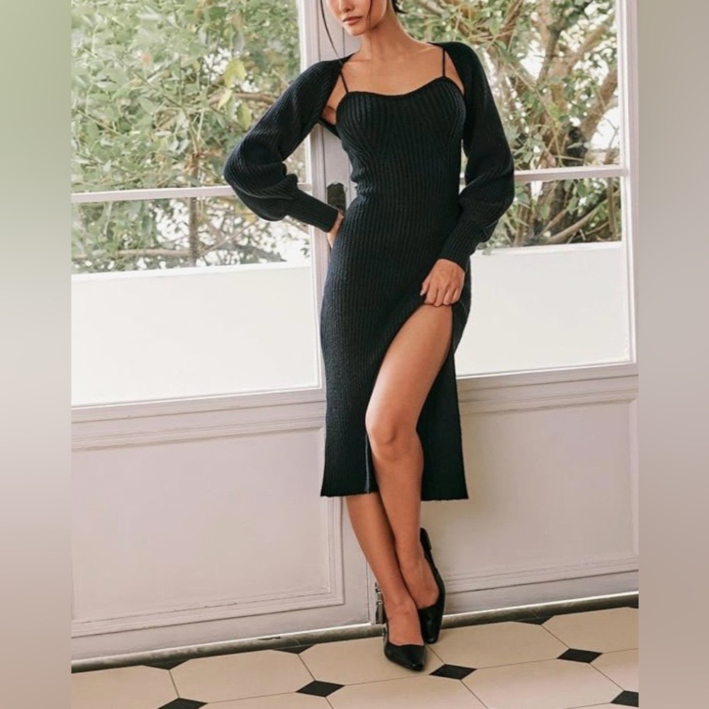 Cider Black Long Sleeve Sweater Dress with Slit & Jacket